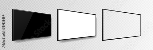 Realistic television screen mockup set isolated on transparent background. 3d blank TV led monitor. Vector illustration