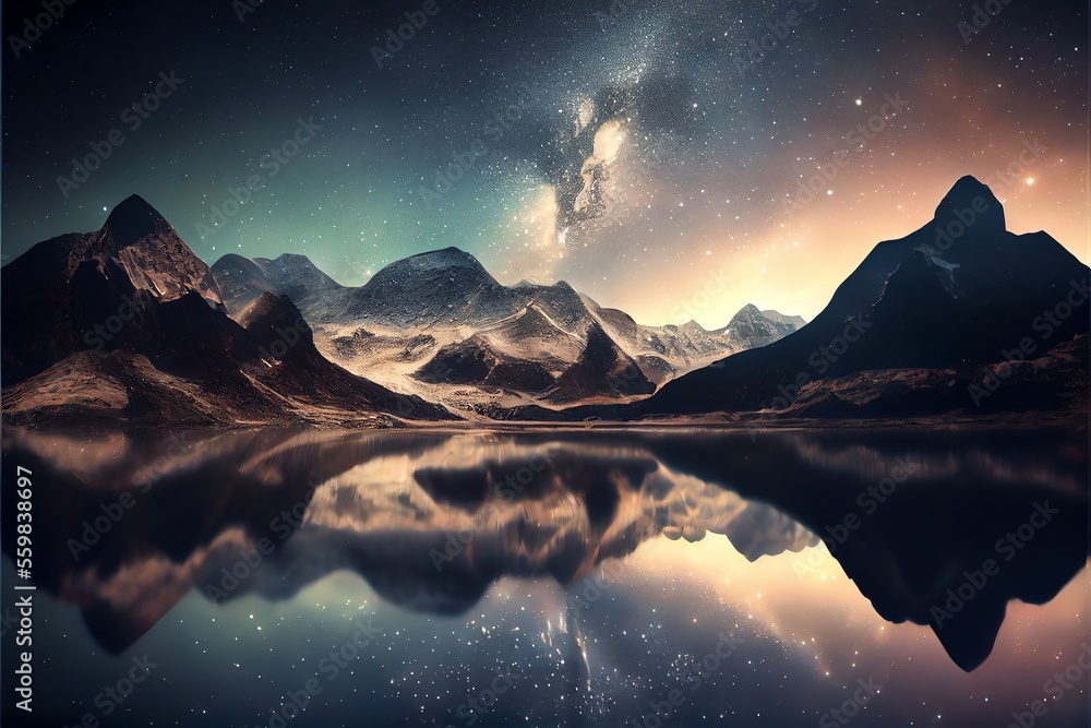 Spectacular nature background of beautiful mountain and lake in starry night with shimmering light. Generative AI