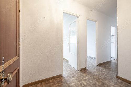 Entrance hall of a house with white access doors to other rooms and similar wood sintasol floors