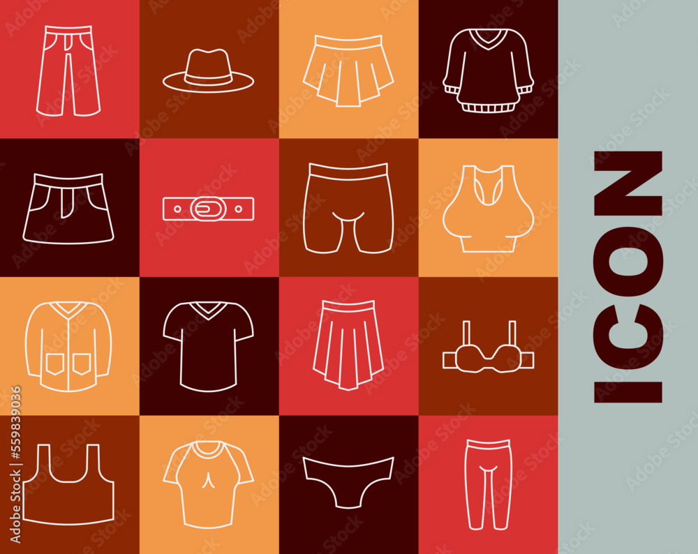 Set line Leggings, Bra, Undershirt, Skirt, Belt, Pants and Cycling shorts icon. Vector Set line Leggings, Bra, Undershirt, Skirt, Belt, Pants and Cycling shorts icon. Vector