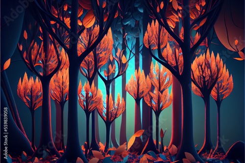 Leaves of trees in a magical fantasy forest. Generative AI technology