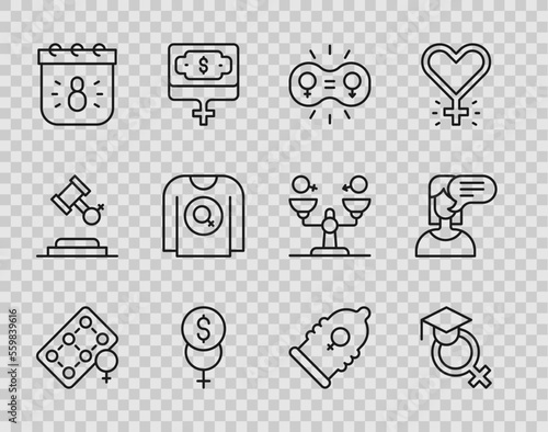 Set line Packaging of birth control pills, Teacher, Gender equality, Feminism finance, Calendar with 8 March, Feminist shirt, Condom and Female opinion icon. Vector