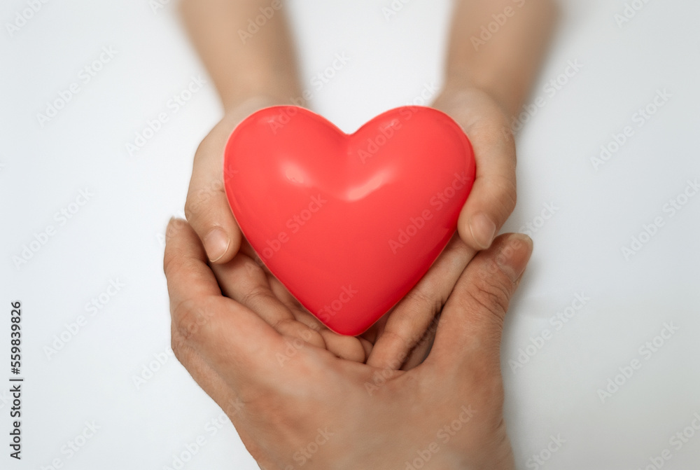 Mother and kid holding red heart in hands on a white background. Valentine's day. Copy space. Soft focus, closeup. Mother day. Family day. National Organ Donor Day. Healthcare and donation concept Mother and kid holding red heart in hands on a white background. Valentine's day. Copy space. Soft focus, closeup. Mother day. Family day. National Organ Donor Day. Healthcare and donation concept