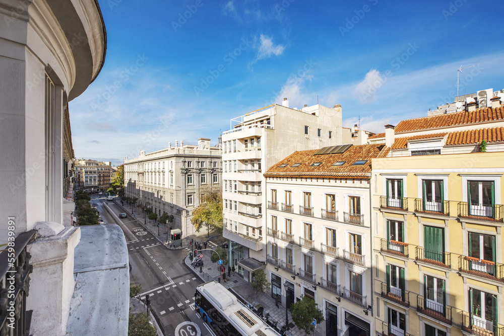 Facades of vintage buildings and palaces in the center of the city of Madrid, Spain