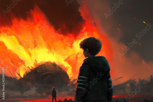 A boy near the destroyed plane