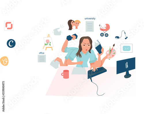 The concept of a modern girl. A woman who combines work, study, household chores, family, sports and hobbies. A woman with six arms sits at a table and works at a computer. 