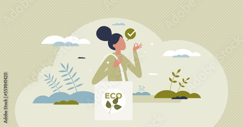 Eco bag as reusable fabric textile handbag for sustainable shopping tiny person concept. Resources saving lifestyle and ecological thinking to reduce plastic packaging waste vector illustration.