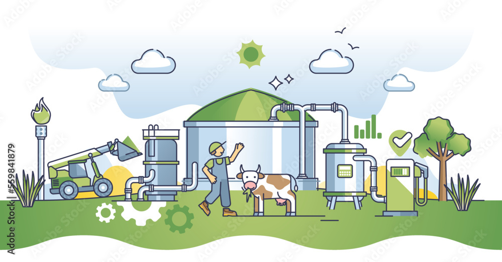 Biogas plant with renewable green bio gas fuel production outline concept. Agricultural alternative power generation from livestock methane vapors vector illustration. Biomass supply from grains. - obrazy, fototapety, plakaty 