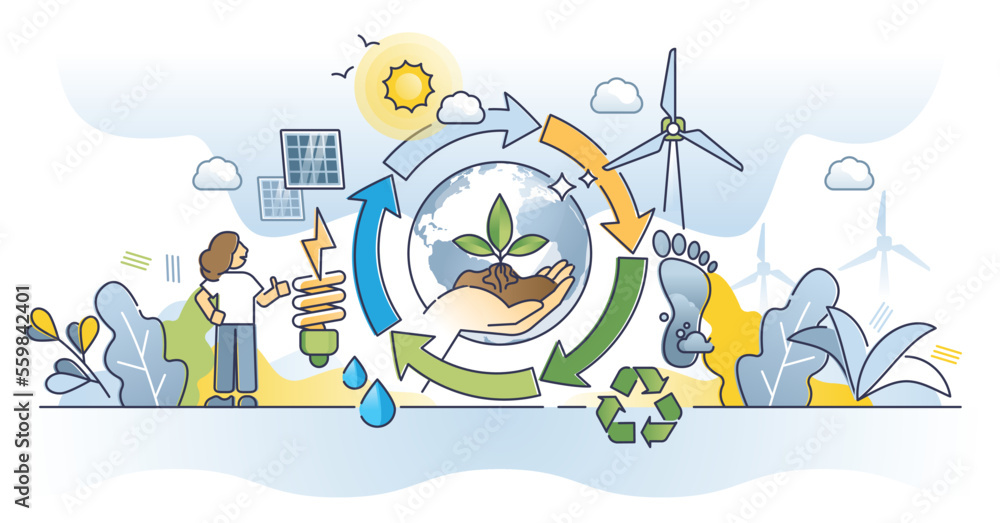 Fototapeta premium Sustainability awareness or environmental nature care outline concept. Ecology campaign for carbon footprint reduction, alternative resources consumption or resources conservation vector illustration