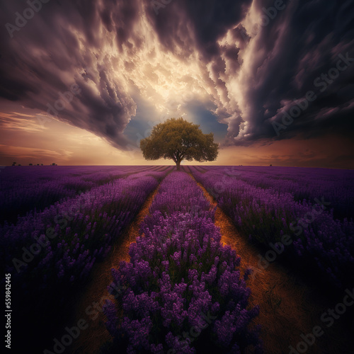 lavender field, lonely tree and epic clouds, art illustration