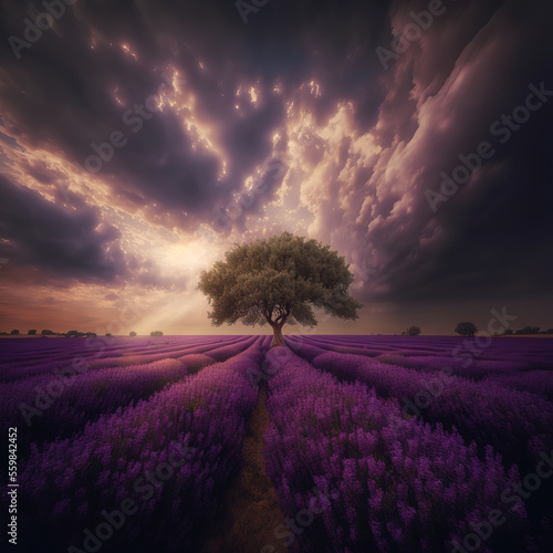 lavender field, lonely tree and epic clouds, art illustration