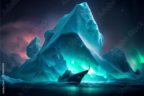 An enormous glowing iceberg at night afloat on an icy sea. Generative AI photo