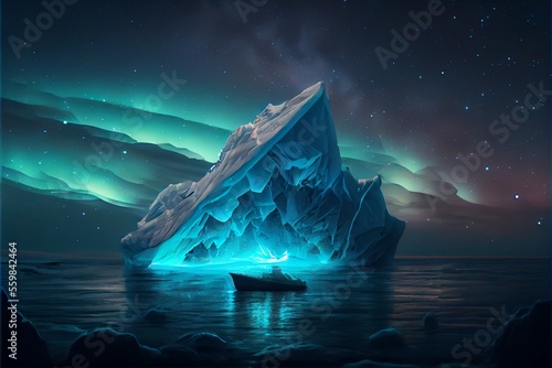 An enormous glowing iceberg at night afloat on an icy sea. Generative AI