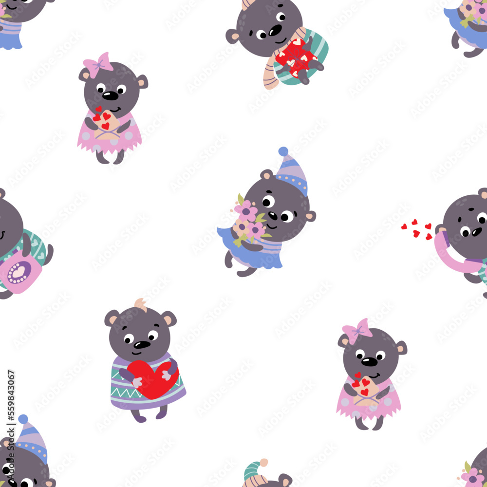 Seamless pattern with Valentine bears. Design for fabric, textile, wallpaper, packaging, wrapping paper.	