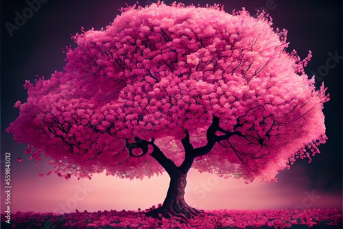 Cherry tree in full bloom with lots of pink blossoms ideal for backgrounds. Generative AI