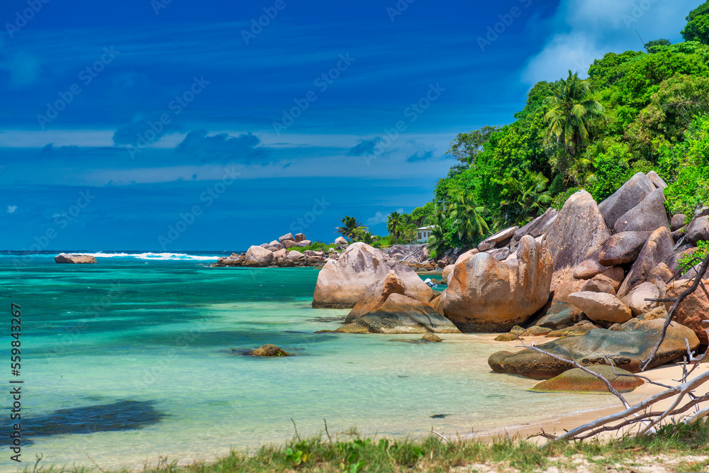 Amazing tropical landscape of Praslin, Seychelles. Beach and vegetation