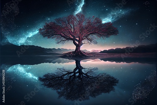 A huge tree of life reminiscent of Yggdrasil reflected in an icy lake at night. Generative AI
