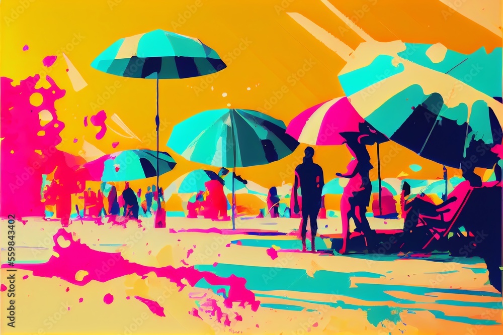 Abstract art. Colorful painting art of a beach life scene. Background illustration. Generative AI.