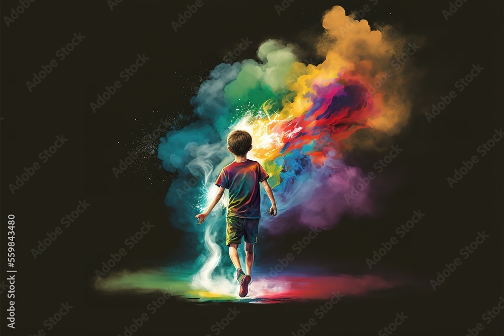 Boy runs with smoke_flare on black background