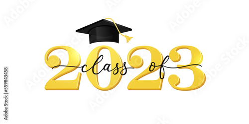 Class of 2023. Congratulation graduates flat style design template with cap and lettering. Gold graduation typography vector illustration for ceremony, party, greeting card, invitation etc.
