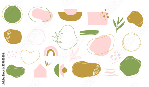 Set of hand drawn shapes in sage green, gold and blush pink colors. Organic shapes Vector illustration