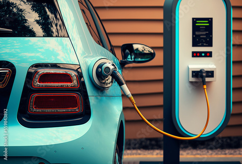 Generative AI illustration of contemporary automobile getting electricity from renewable power generation