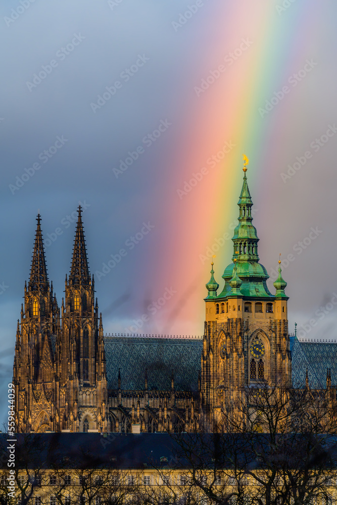 A rainbow above the St. Vitus Cathedral in Prague in winter.