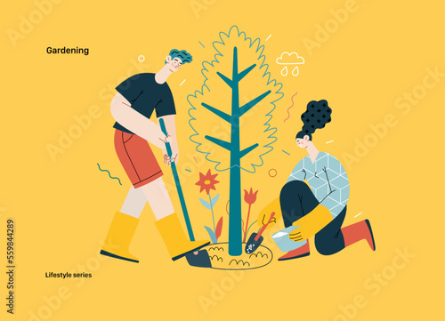 Lifestyle series - Gardening - modern flat vector illustration of a man and a woman digging and fertilizing a tree. Planting and care gardening activity. People activities concept