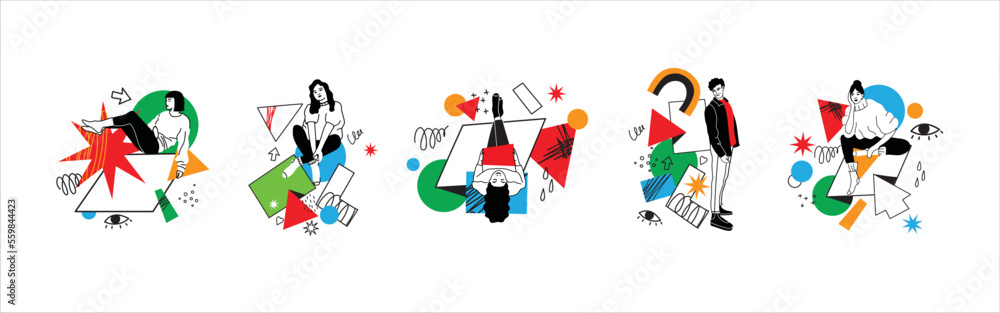 Hand drawn vector illustration of people in different poses and various geometric shapes. Outline characters, colorful abstract figures Hand drawn vector illustration of people in different poses and various geometric shapes. Outline characters, colorful abstract figures