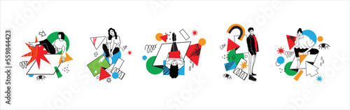 Hand drawn vector illustration of people in different poses and various geometric shapes. Outline characters, colorful abstract figures