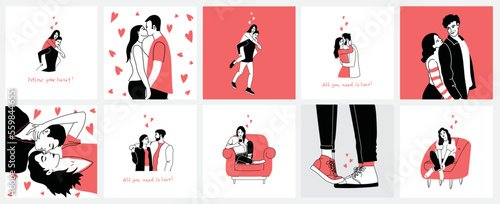 Romantic set of illustrations with man and woman. Love, love story, relationship. Vector design concept for Valentines Day