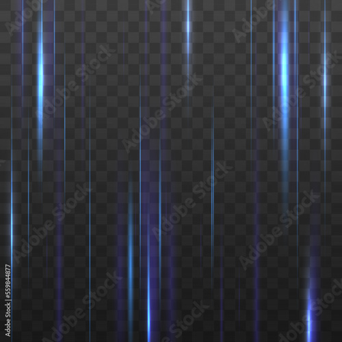 Magic soft vertical neon lines. Set of abstract lens flares. Flash luminous blue line motion. Laser sparkle beams, glowing speed rays, sparks light effect. Luminous sparkling lined. Vector