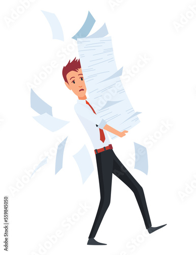 Office paperwork. Office worker with stack of documents. Concept man of office work with stress and overworking. Bureaucracy and overwork