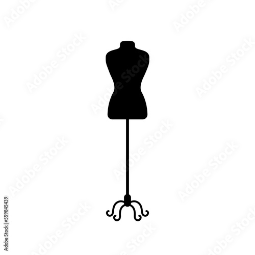 Mannequin silhouette. Black female figure for tailor, dressmaker, costumer. Isolated sewing element. Mannequin on wintage stand