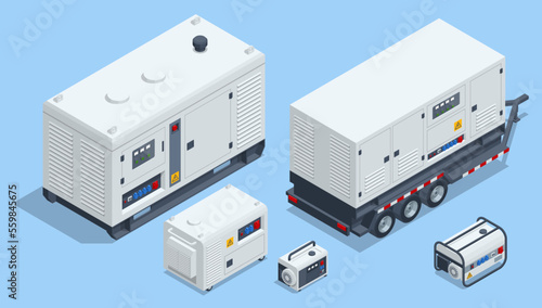 Isometric Portable electric power-generator, generator-trailer, industrial diesel generator. Standby generator. Different type of industrial and small power generators photo