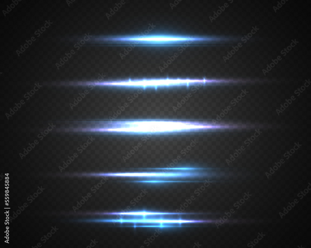 Magic soft horizontal neon lines. Set of abstract lens flares. Flash luminous blue line motion. Laser sparkle beams, glowing speed rays, sparks light effect. Luminous sparkling lined. Vector - obrazy, fototapety, plakaty 
