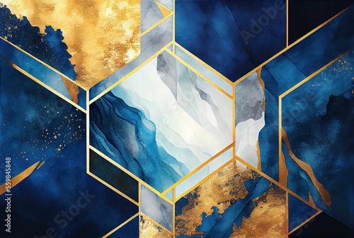 Gold and blue marbling abstract geometric shapes background, watercolor paint texture imitation created with Generative AI technology