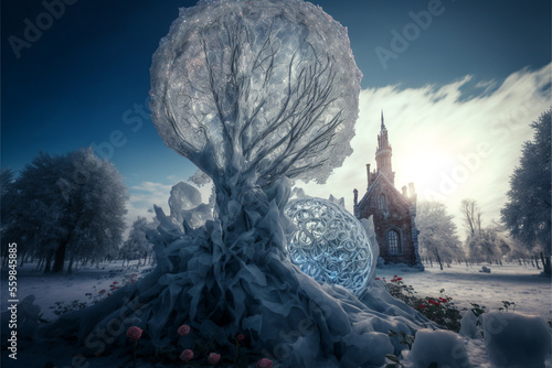 Roses draped with epic frost fantasy magical with gothic church background.,generative ai. © Nokhoog