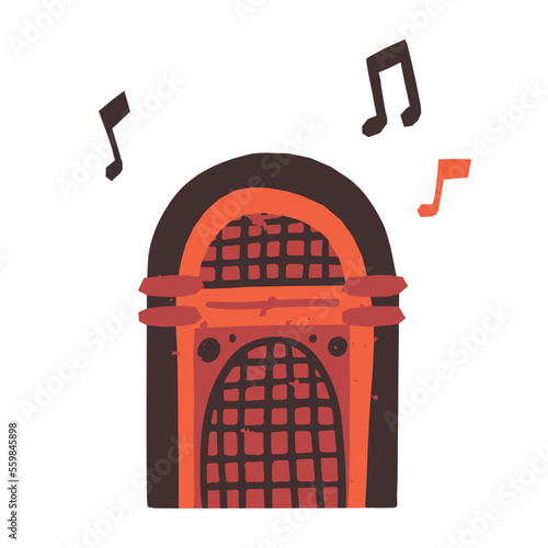 A cute retro jukebox, playing old songs, a musical juke machine, dance apparat with musical notes flying nearby.