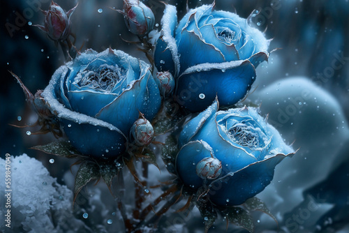 Fantasy Vintage Classic blue roses bouquet and snow ice on blurred background.blue's valentine's day.Generative AI..