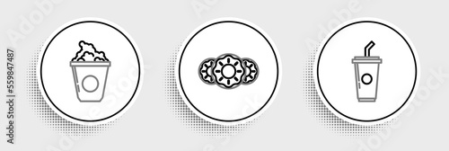 Set line Paper glass with drinking straw and water, Popcorn cardboard box and Donut sweet glaze icon. Vector