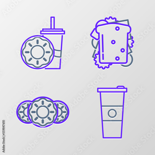 Set line Paper glass and water, Donut with sweet glaze, Sandwich and drinking straw donut icon. Vector