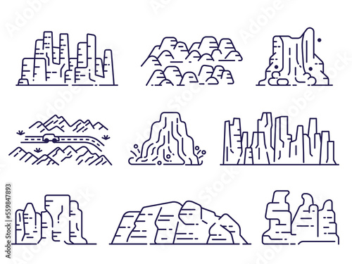 Mountain Peaks and Rocks Line Art Icons