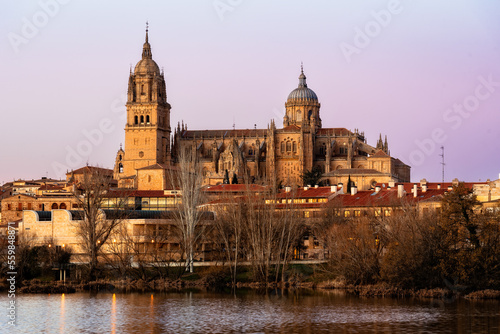 Scenic urban landscape of the city of Salamanca at sunset with the cathedral and the Tormes river. Castilla Leon  Spain