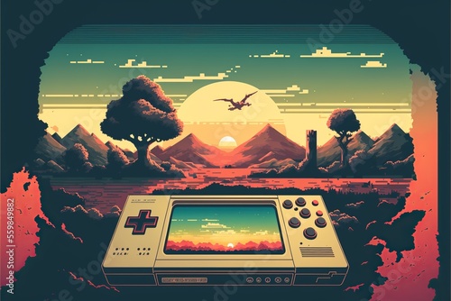 Old video game console, 80s, retro, 8 bit, with landscape in the background. Digital illustration AI photo