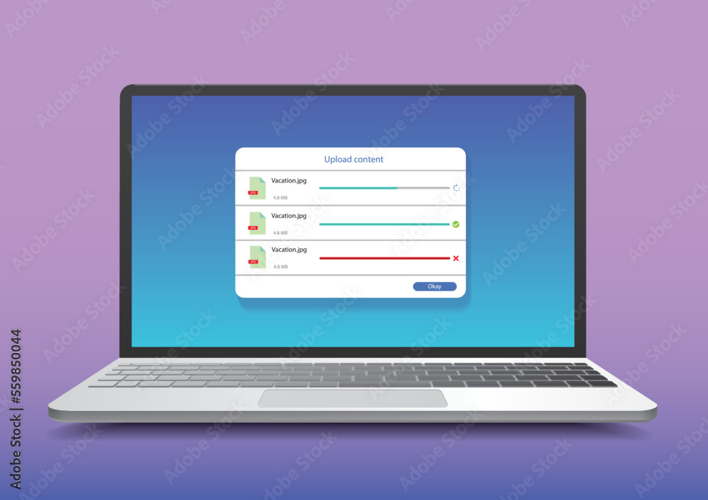 realitic 3d illustration of a laptop with file upload window on the screen, vector illustration realitic 3d illustration of a laptop with file upload window on the screen, vector illustration