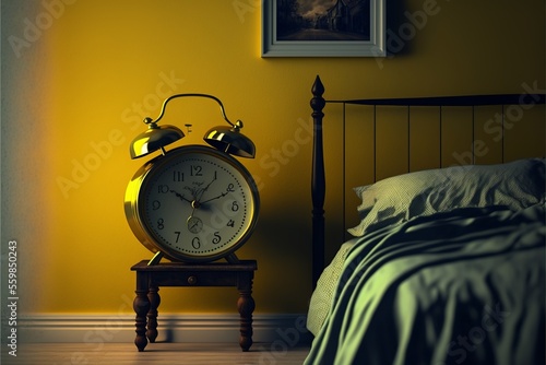 Yellow clock on dresser, back bedroom. Digital illustration AI