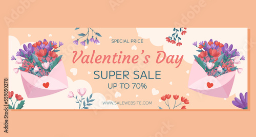 St. Valentines Day horizontal Super Sale banner template design. Pink open envelop red flowers green leaves on beige backdrop floral frame. Special Price online shopping, decorative clouds, hearts