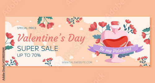 St. Valentines Day horizontal Super Sale banner template design. Love potion bottle concept illustration with red flowers behind it with ribbon on beige backdrop. Special Price online shopping