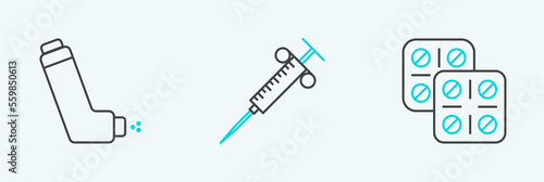 Set line Pills in blister pack, Inhaler and Syringe icon. Vector